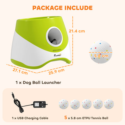 Automatic Dog Ball Launcher with 5 ETPU Balls 2.3", 3 Distance Settings 20/33/46ft, Green