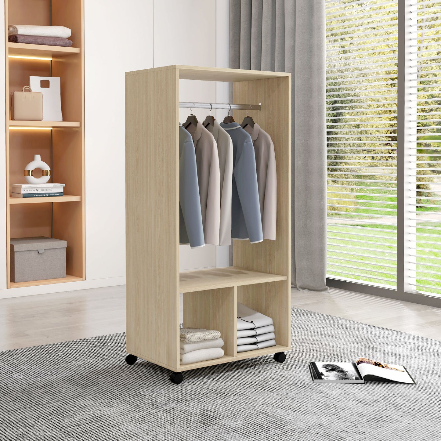Open Wardrobe on Wheels, Bedroom Wardrobe with Clothes Hanging Rail, 2 Storage Shelves, Mobile Garment Rack for Cloakroom