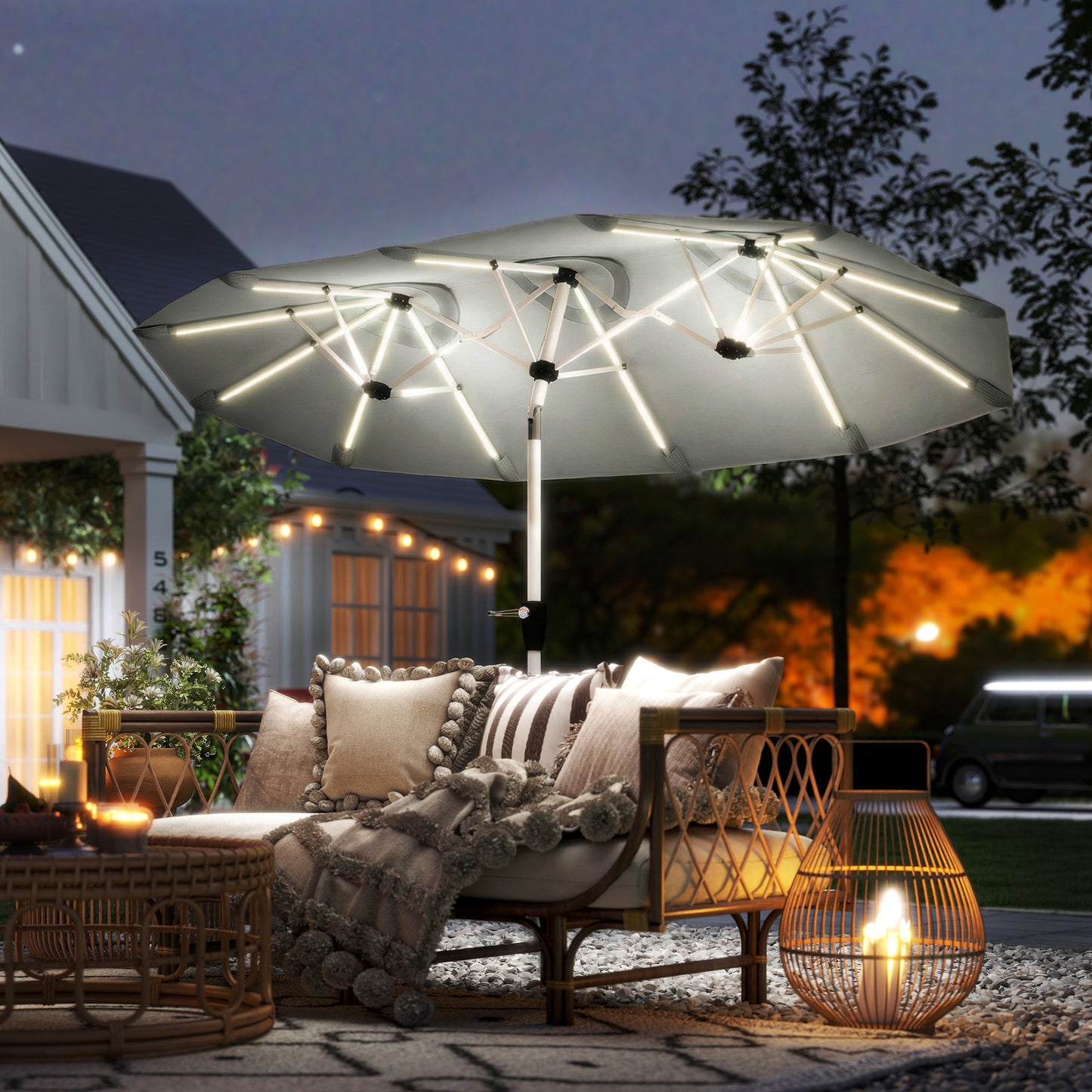 3 m Double-Sided Garden Parasol with LED Solar Lights, Tilt, Outdoor Extra Large Sun Umbrella with Crank Handle, Grey