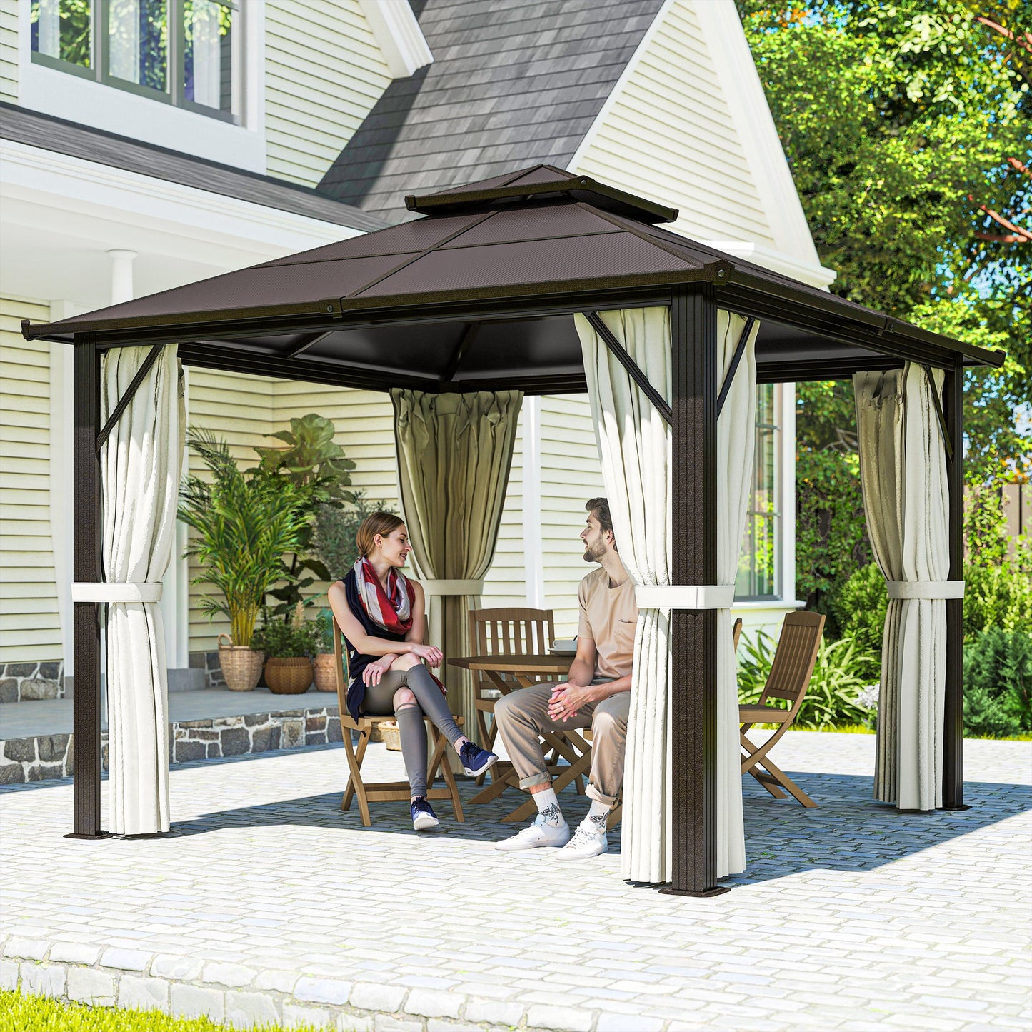 3 x 3(m) Hardtop Gazebo Canopy with UPF30+ Double Polycarbonate Roof, Aluminium Frame Garden Gazebo Permanent Pavilion