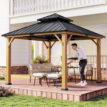 3.5 x 3.5m Outdoor Hardtop Gazebo Canopy with Two-tier Metal Roof and Solid Wood Frame Outdoor Patio Shelter for Patio