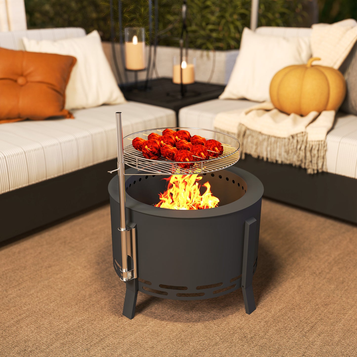 Portable Fire Pit, 58 cm Round Firepit with Grill Grate, Fire Bowl with Ash Catcher and Poker