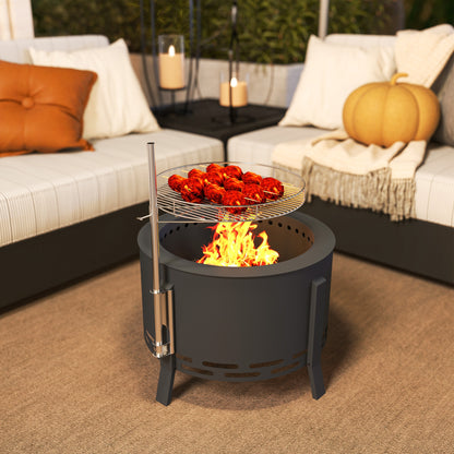 Portable Fire Pit, 58 cm Round Firepit with Grill Grate, Fire Bowl with Ash Catcher and Poker