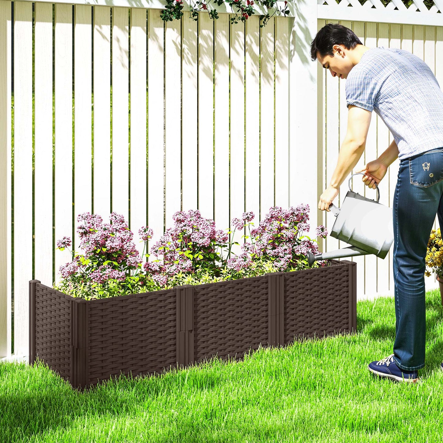 Plastic Raised Garden Bed, Modular Planter Box Kit, Garden Fence Edging Border for Flowers, Vegetables, Herbs, Brown