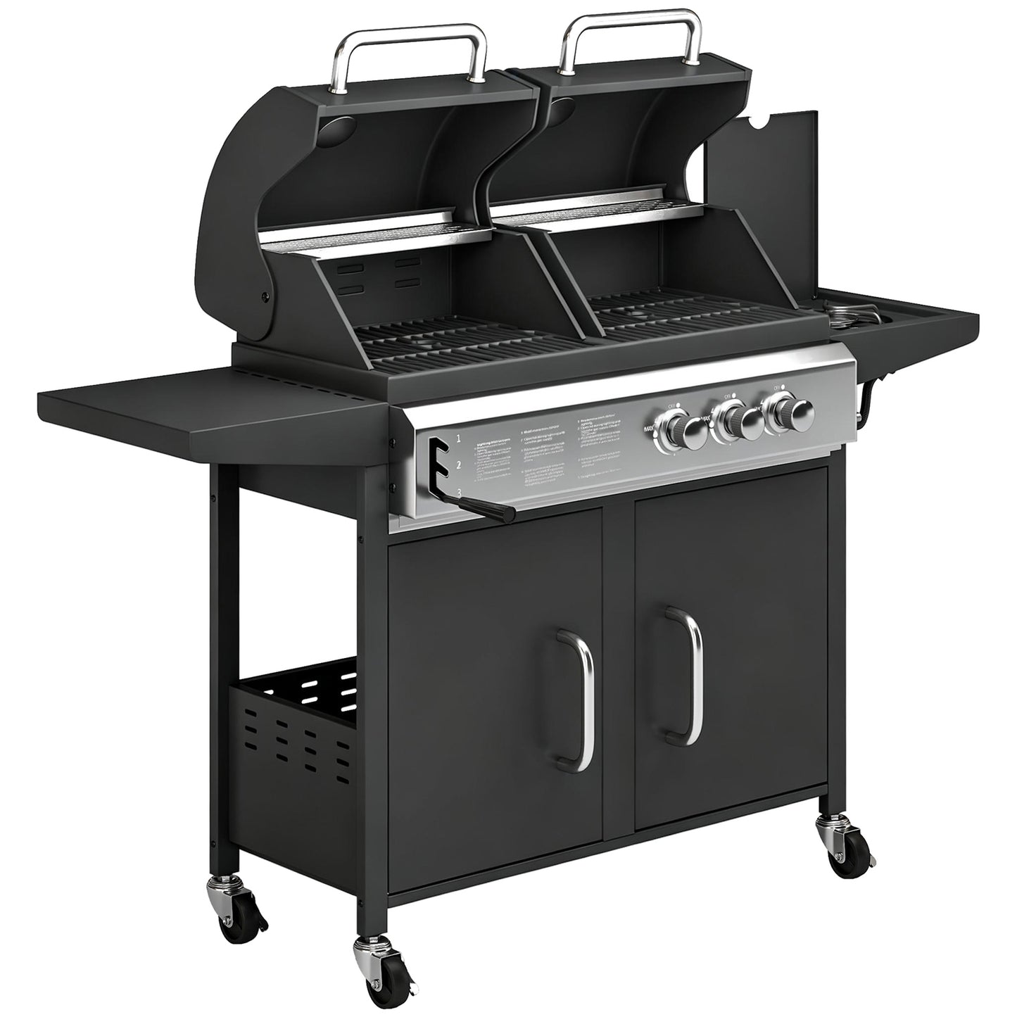 2+1 Burner Hybrid Dual Fuel BBQ Gas Grill, 2-in-1 Propane & Charcoal Barbecue Grill Smoker Combo with Wheels, Black