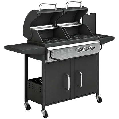 2+1 Burner Hybrid Dual Fuel BBQ Gas Grill, 2-in-1 Propane & Charcoal Barbecue Grill Smoker Combo with Wheels, Black