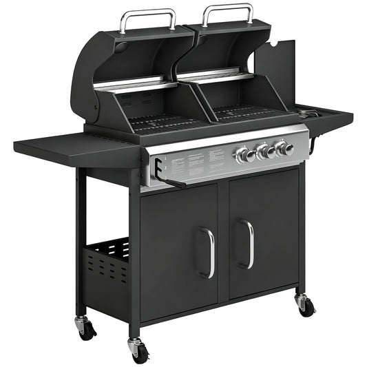 2+1 Burner Hybrid Dual Fuel BBQ Gas Grill, 2-in-1 Propane & Charcoal Barbecue Grill Smoker Combo with Wheels, Black
