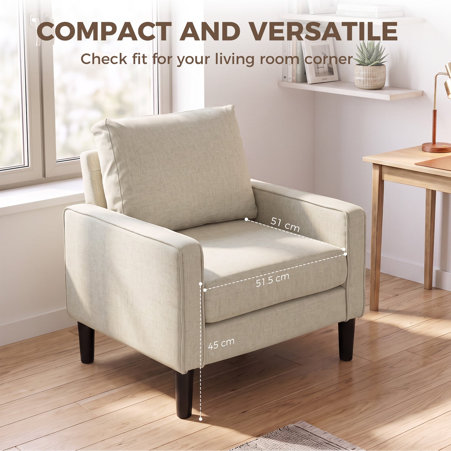 Accent Chair, Removable Pillow Linen Armchair with Comfy Spring Cushion for Living Room, Bedroom, Study, Cream