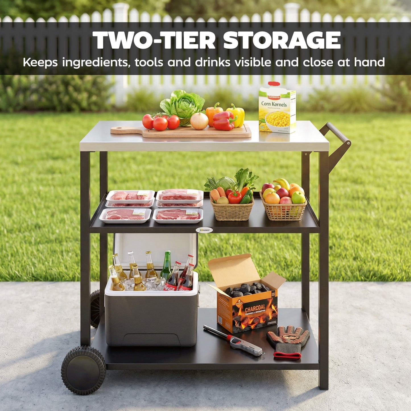 Outdoor Grill Cart with Stainless Steel Tabletop for Kitchen Prep, Two-Tier Pizza Oven Stand on Wheels, Black