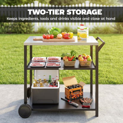 Outdoor Grill Cart with Stainless Steel Tabletop for Kitchen Prep, Two-Tier Pizza Oven Stand on Wheels, Black