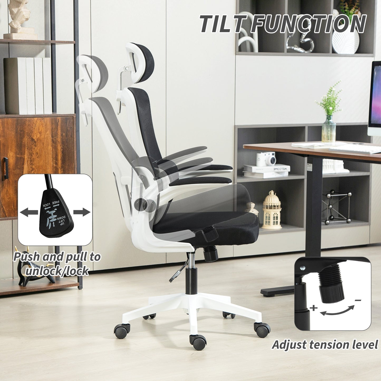 Ergonomic Office Chair, High Back Mesh Computer Desk Chair with Adjustable Headrest and Lumbar Support, Rotatable Armrests