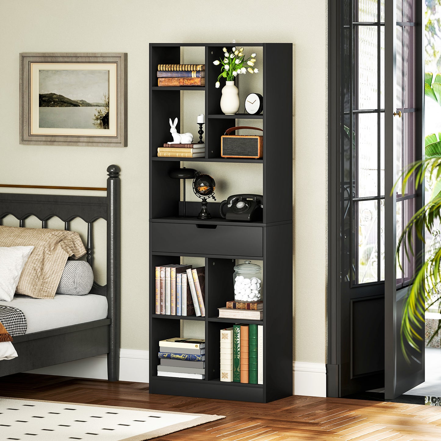 Tall Bookshelf with Drawer, Freestanding Bookcase for Bedroom, Living Room, Home Office, Black