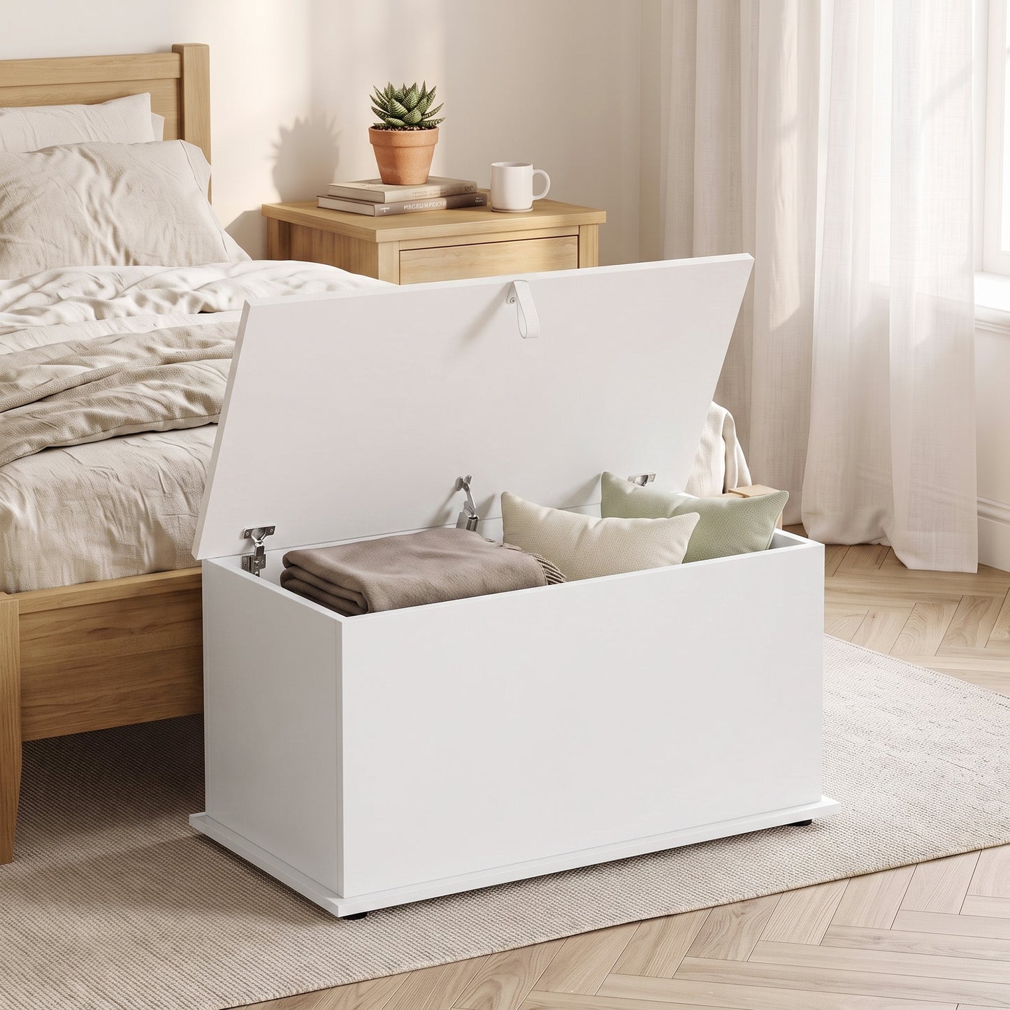 Storage Chest, 102L Blanket Box, Shoe Bench with Safety Hinged Lid, Bed End Bench for Bedroom, 80 x 40 x 45cm, White