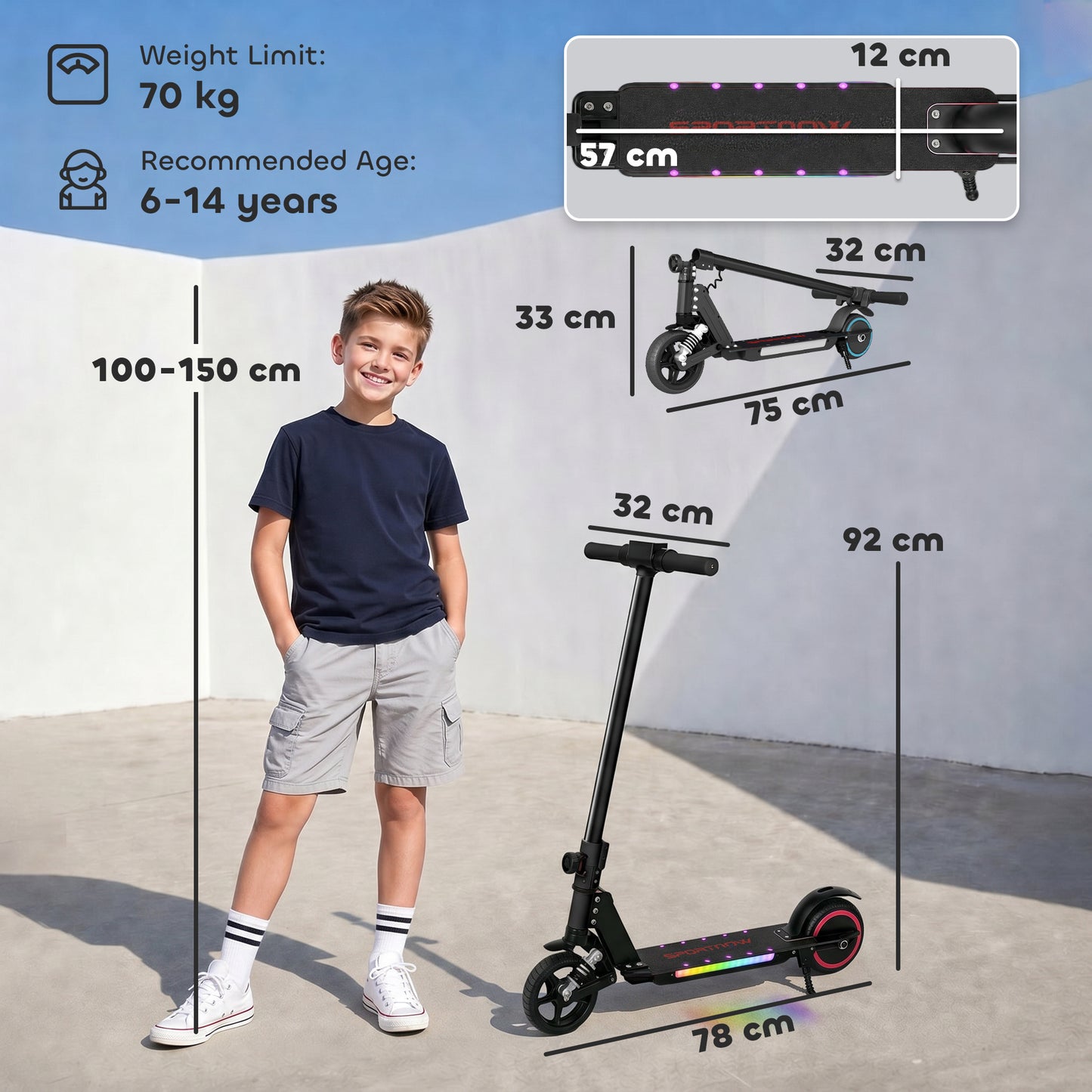 Folding Electric Scooter for Kids, with Dual Brakes, Front Suspension, LED Colourful Lights, Black