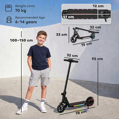 Folding Electric Scooter for Kids, with Dual Brakes, Front Suspension, LED Colourful Lights, Black