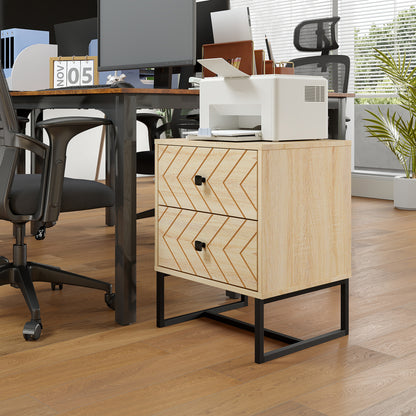 Bedside Table Nightstand Two-Drawer Bedroom Storage Unit Zig Zag Design with Black Metal Handles, Natural