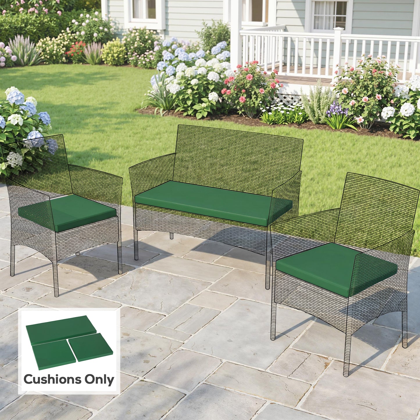 Outdoor Seat Cushion Pads for Rattan Furniture, 3 PCs Garden Furniture Cushions, Green
