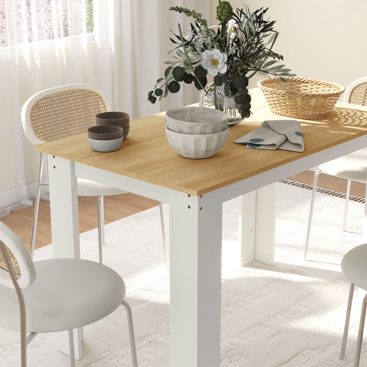 Dining Table for 4-6 People, Kitchen Table with Wood Effect for Dining Room, Oak and White