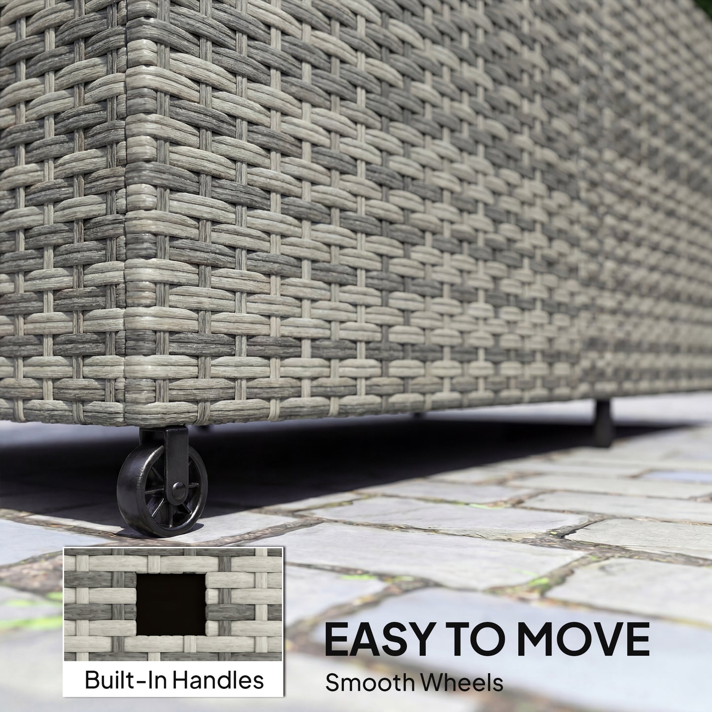 650L Garden Storage Box with 2 Wheels, Rattan Deck Box with Waterproof Zipped Liner, Safe Pneumatic Rods, Mixed Grey