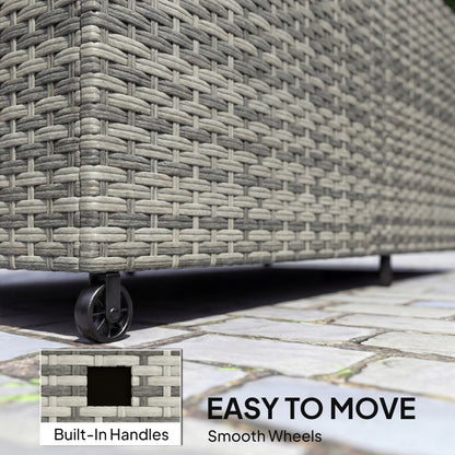 650L Garden Storage Box with 2 Wheels, Rattan Deck Box with Waterproof Zipped Liner, Safe Pneumatic Rods, Mixed Grey
