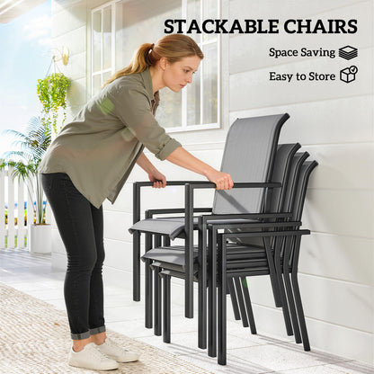 5 Pieces Outdoor Dining Set for 4, Garden Table and Stackable Chairs with Breathable Mesh Seat and Parasol Hole, Grey