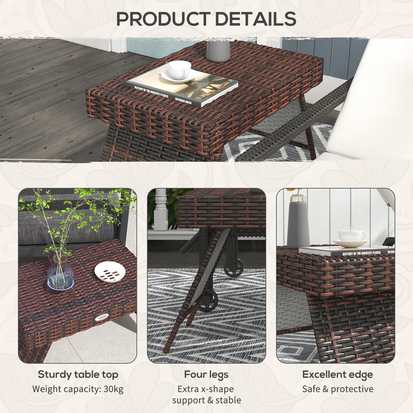 Foldable Outdoor Side Table, Rattan Garden Coffee Table with Steel Frame, Space Saving Bistro Garden Furniture for Patio