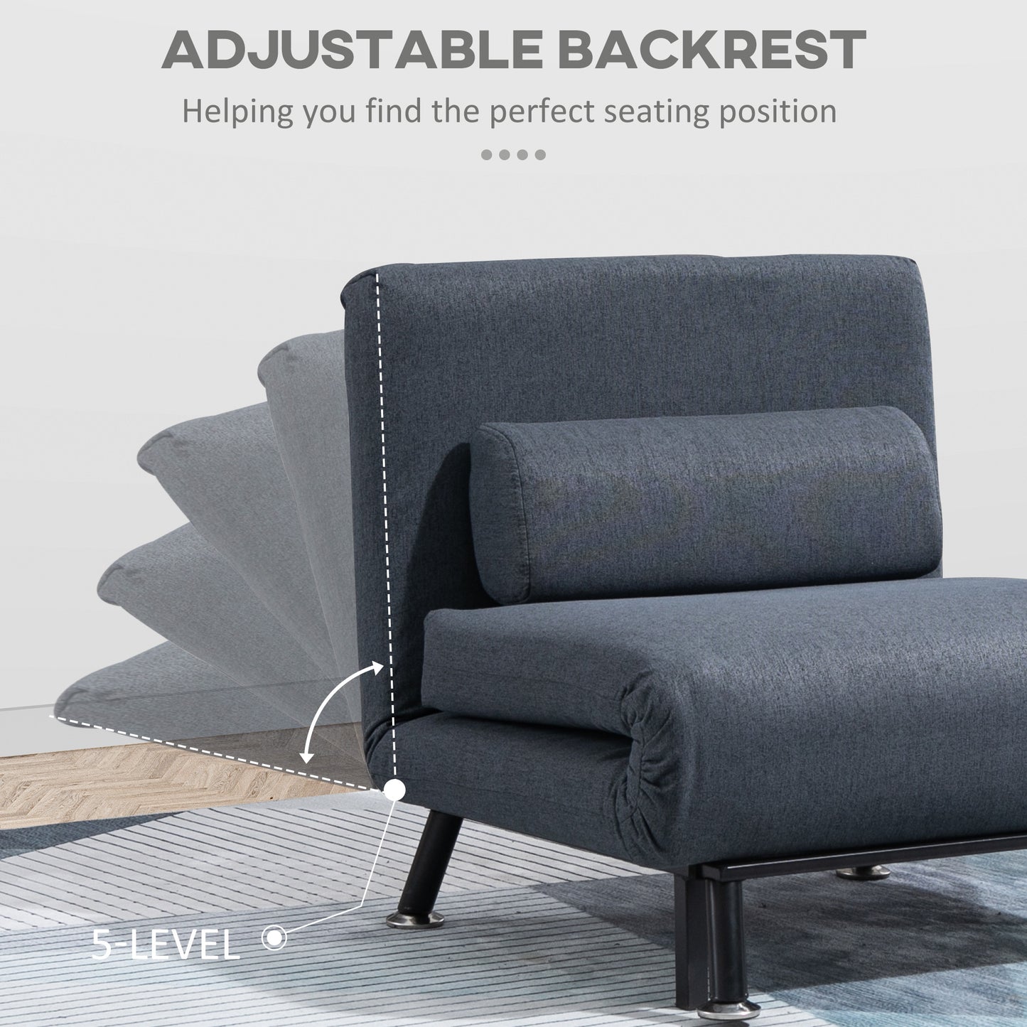 Single Sofa Chair Bed, Linen Fabric 3-in-1 Convertible Sleeper Chair with 5-Position Adjustable Backrest, 75cm Wide Seat