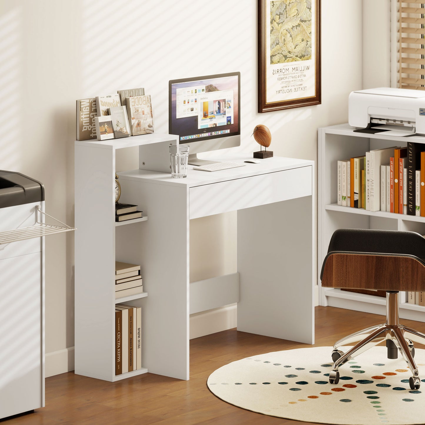 Desk with Storage, Computer Desk with 3 Open Shelves and Drawer, Workstation, Computer Table, White