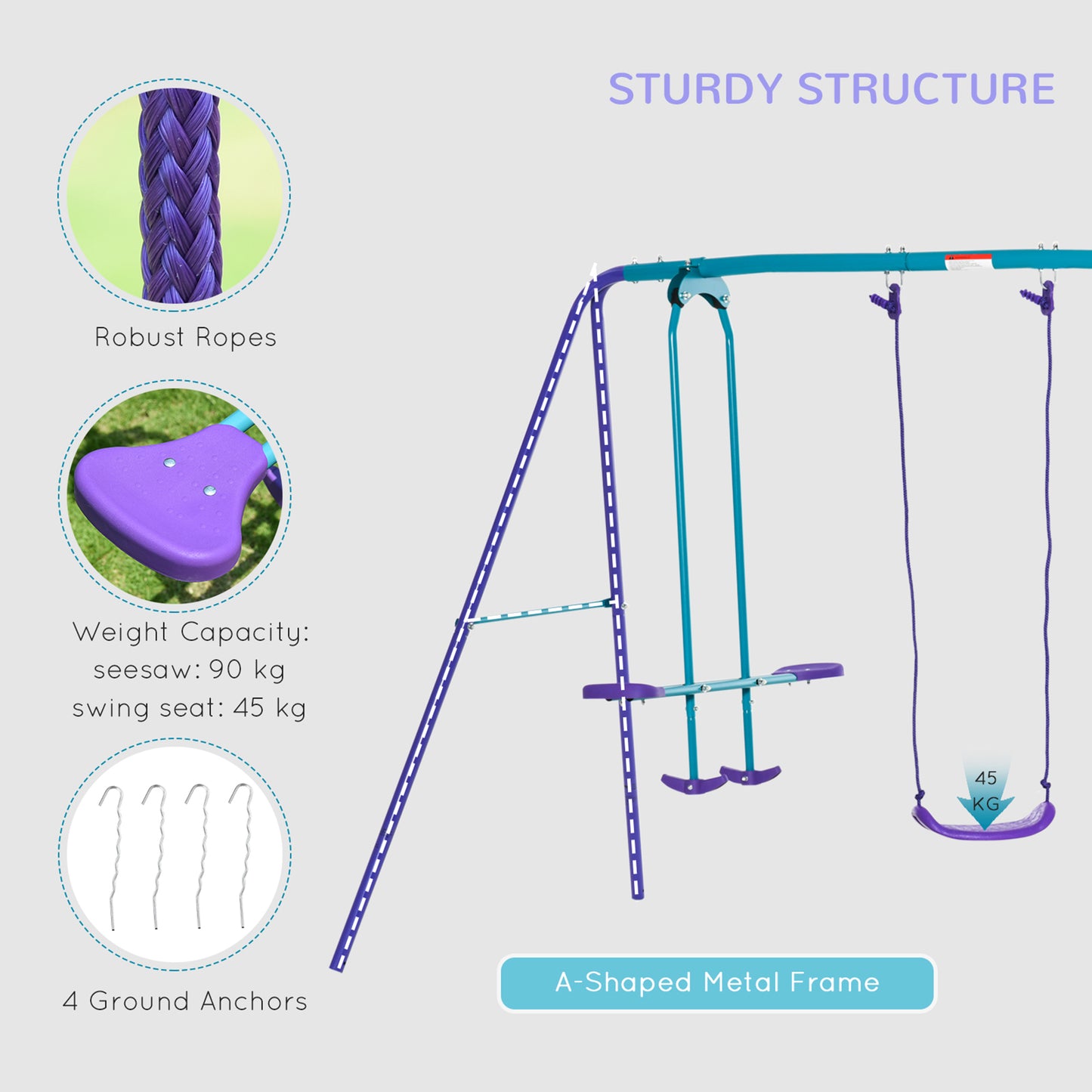 Metal Swing Set, with Seesaw, Adjustable Height, for Ages 3+ Years, Purple