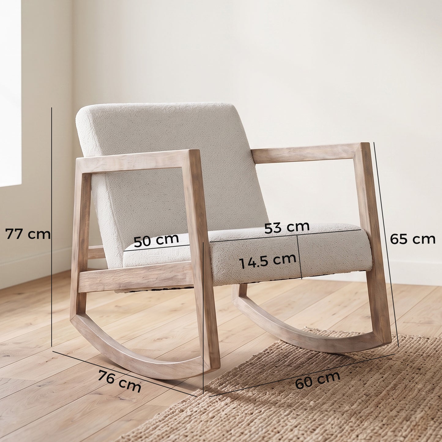 Rocking Chair, Upholstered Sofa Armchair with Cushion and Wood Base for Living Room and Bedroom, Cream White