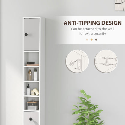 180cm Slim Bathroom Cabinet, with Drawer, Shelves and Cupboards - Light Grey
