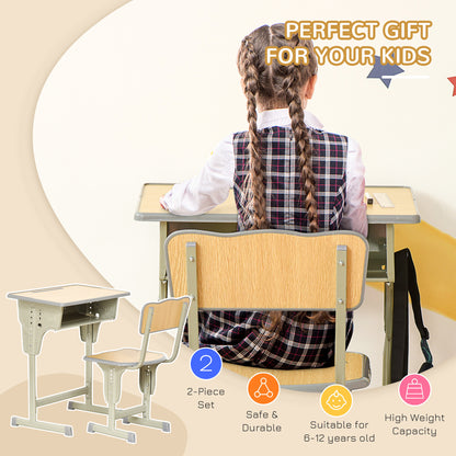 Height Adjustable Kids Desk and Chair Set with Storage Compartment, Bag Hook and Pen Holder, for 6-12 Years, Grey
