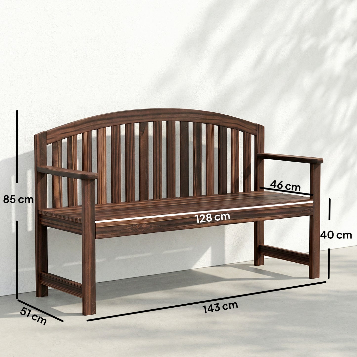2 Seater Wooden Garden Bench with Armrest, Outdoor Furniture Chair for Park, Balcony, Carbonised Finish
