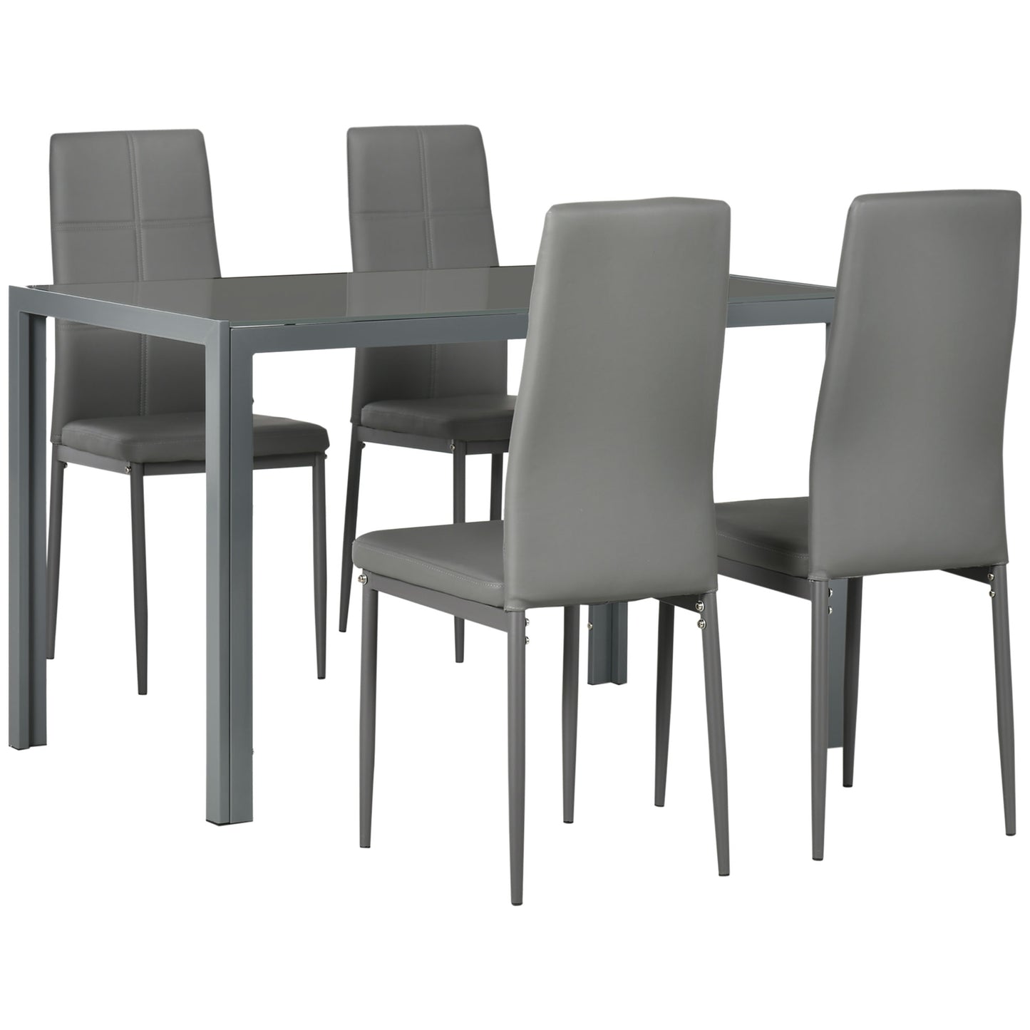 5-Piece Kitchen Dining Table Set with 4 Faux Leather Metal Frame Chairs Glass Tabletop Desk for Dining Room, Kitchen