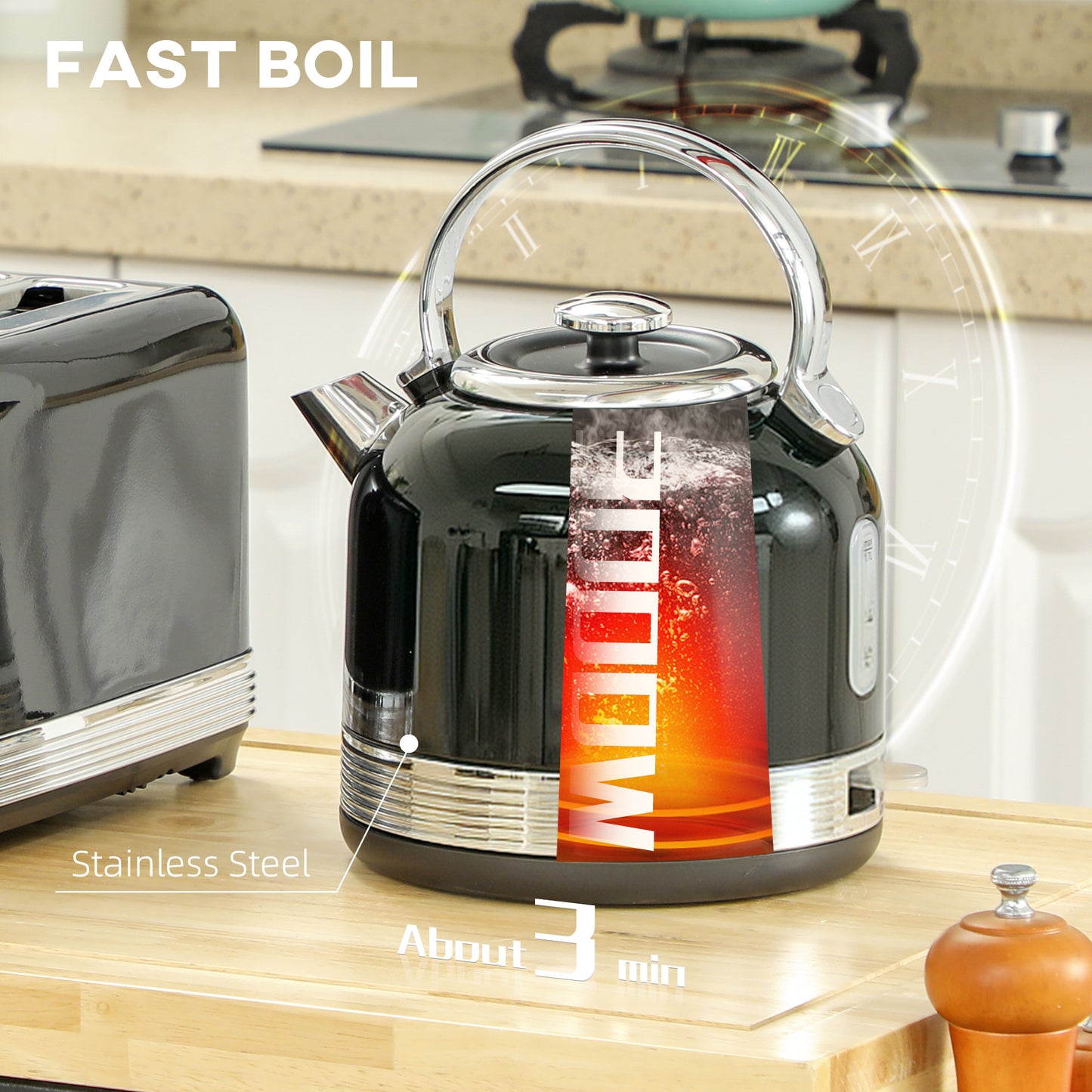 Polished Stainless Steel Kettle and Toaster Set - Black