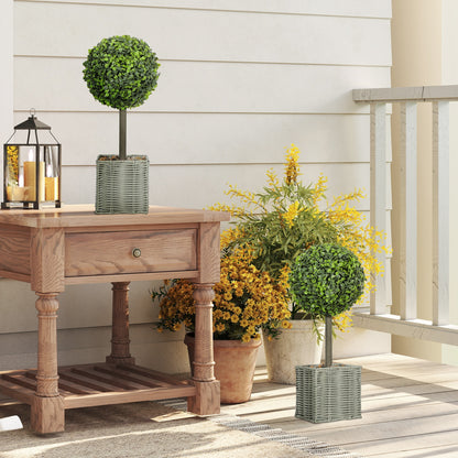 Set of 2 Decorative Artificial Plants, 50cm Faux Boxwood Topiary Balls with Woven Plastic Pot and Pebbles