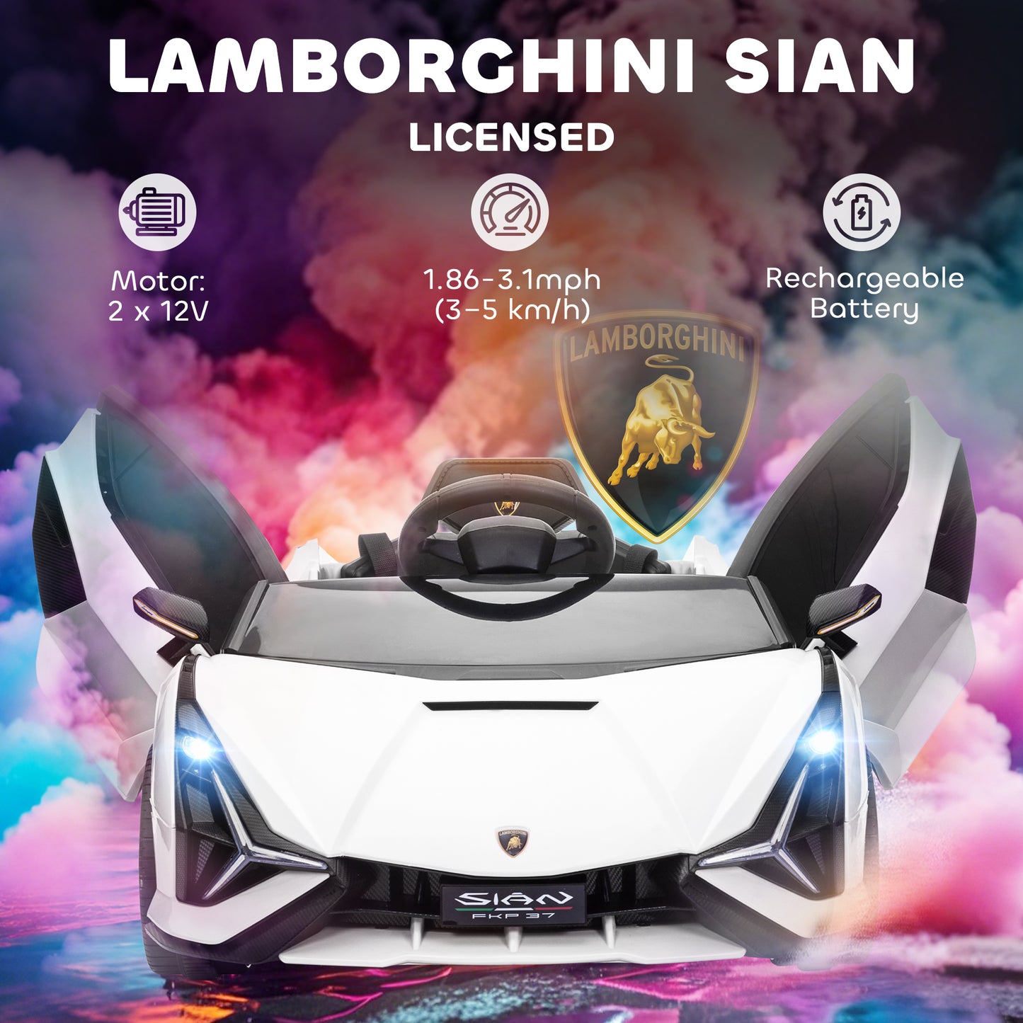 Lamborghini Sian Licensed Electric Car for Kids, 12V Kids Electric Ride on Car with Dual Motors, Remote Control, White