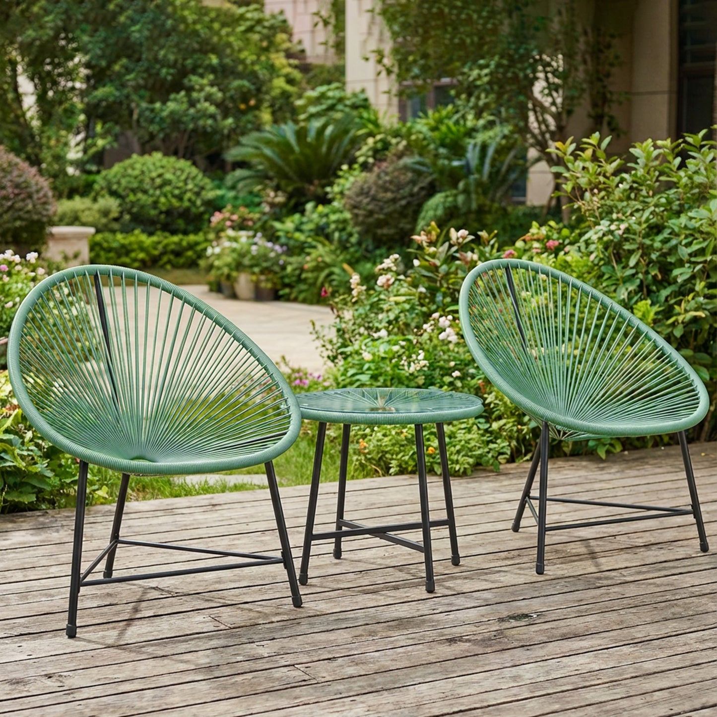 Rattan Bistro Set with Acapulco Chairs and Glass Table, Green