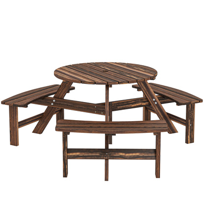 Wooden Garden Dining Set, 6 Seater Round Dining Picnic Table with Matching Bench