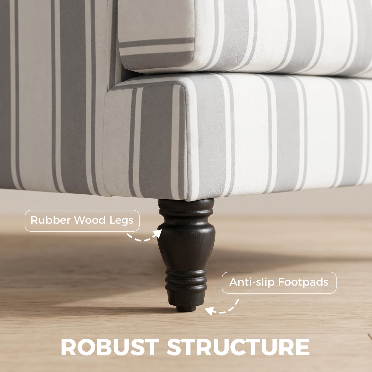 Velvet Single Sofa Armchair, Modern Accent Chair with Stripes, Turned Legs and Wide Seat, Grey