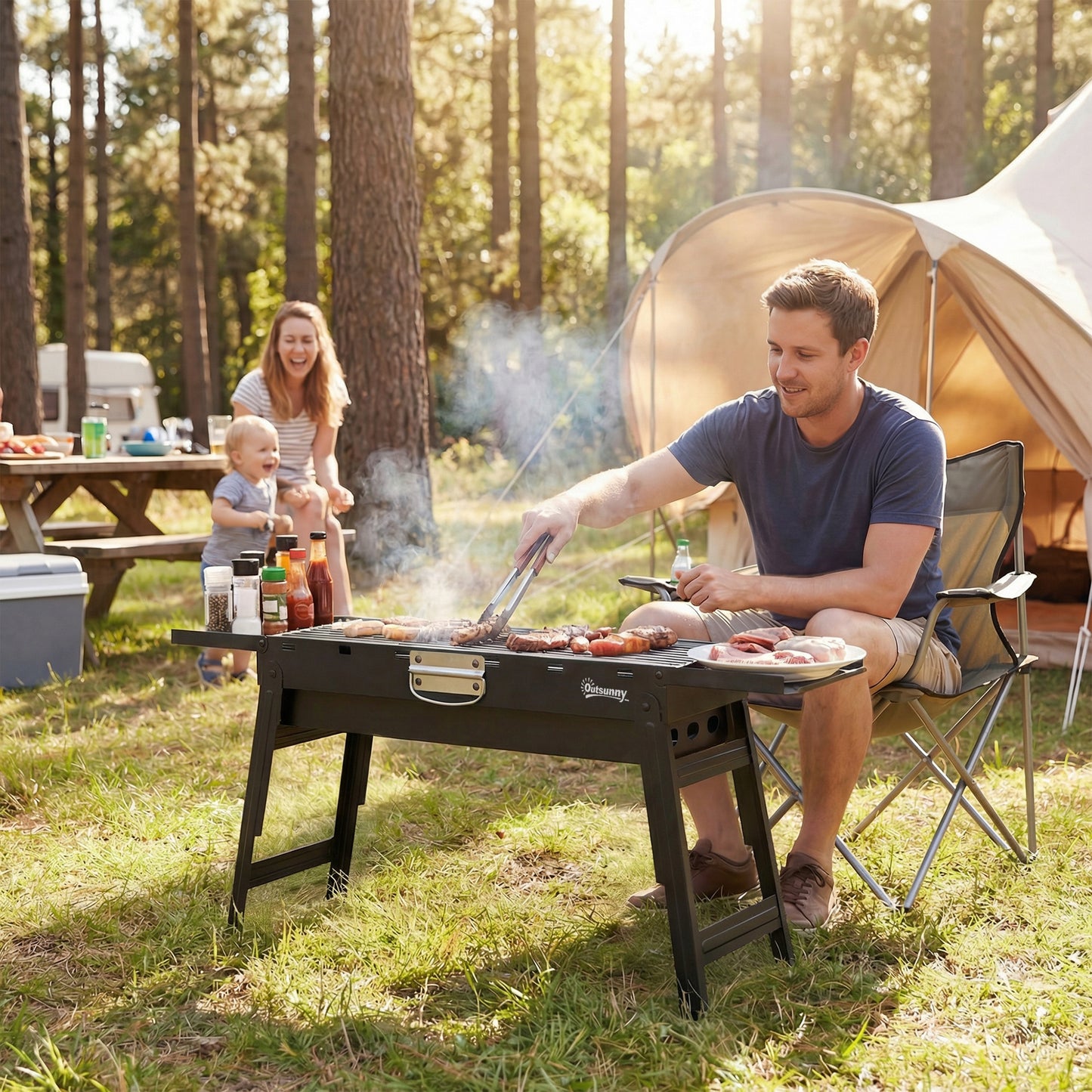 Portable BBQ Grill, Foldable Charcoal Grill for Camping and Picnics with 2 Side Shelves and Handle, Black