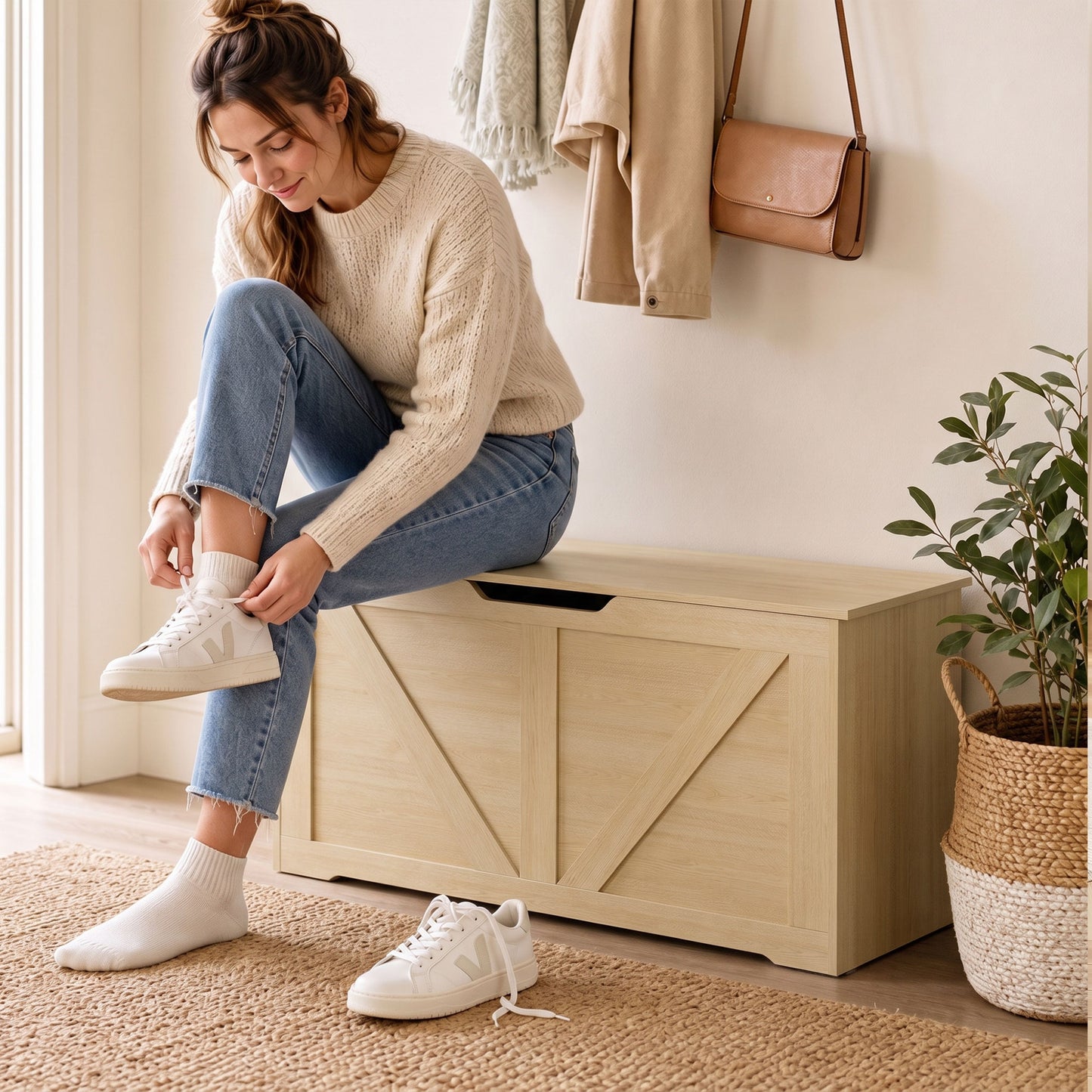 127L Home Storage Box, with Safety Hinges - Nature Wood Finish
