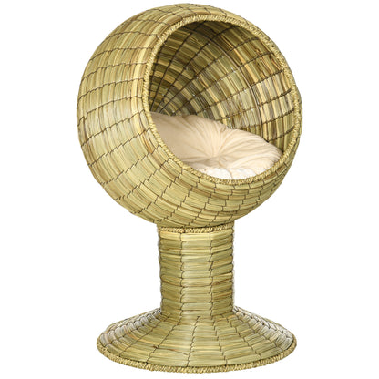 Raised Detachable Cat house, Natural Mat Grass Cat Bed, with Cushion