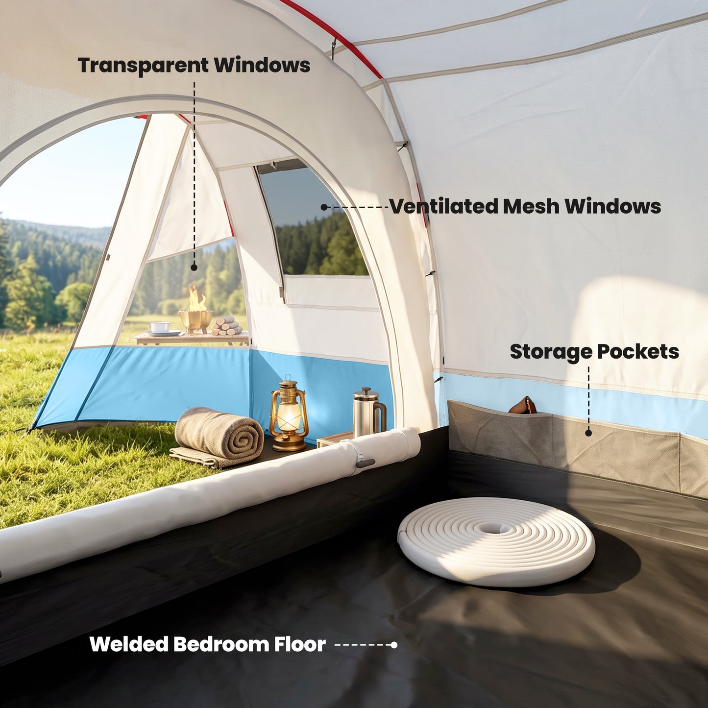 3 Person Tunnel Tent, Large Camping Tent with Bedroom, Living Room, Sewn-in Floor, 3 Doors, Carry Bag, 2000mm for Fishing