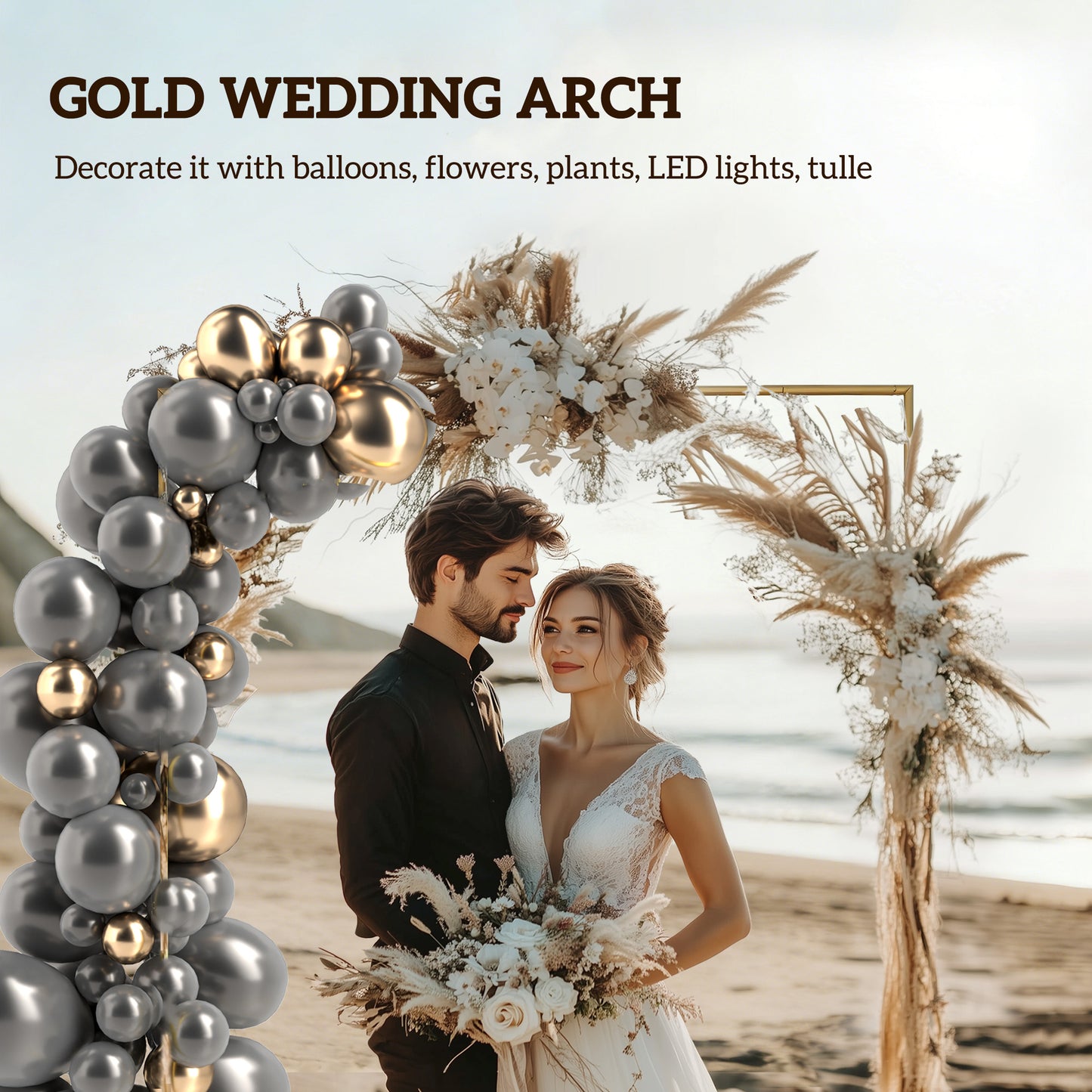 Wedding Arch Backdrop Stand, Square Metal Arch Frame with U-shaped Stakes, Gold Wedding Arch, 6.6 FT