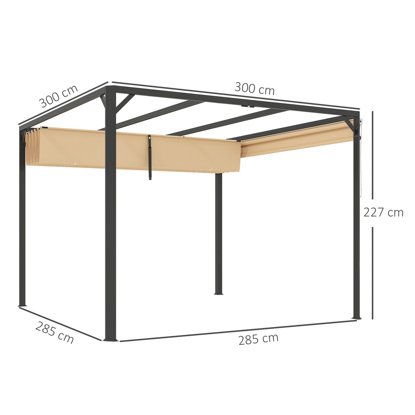 3 x 3m Aluminium Pergola, with Retractable Roof and Wall - Khaki