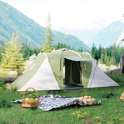 Large Camping Tent Tunnel Tent with 2 Bedroom and Living Area, 2000mm Waterproof, Portable with Bag for 4 Man, Green