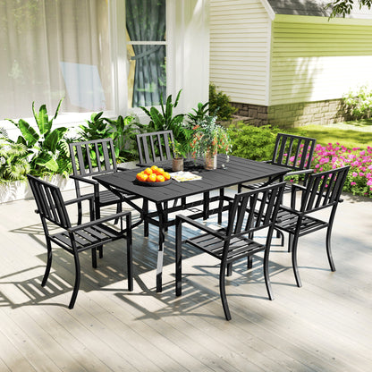 7 Pieces Garden Table and Chairs 6 Seater Outdoor Table and Chairs with Umbrella Hole, for Poolside, Garden, Black