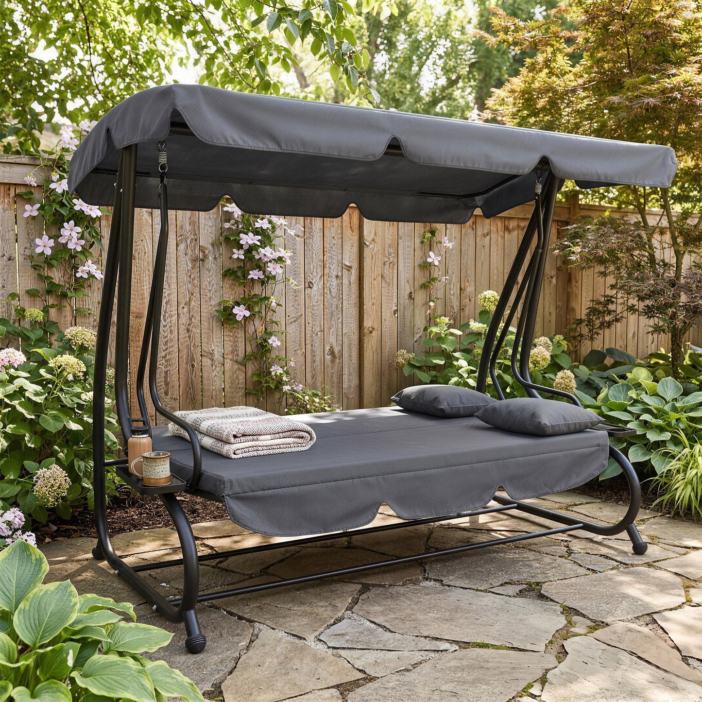 Three-Person garden Swing Chair, with Adjustable Canopy - Dark Grey