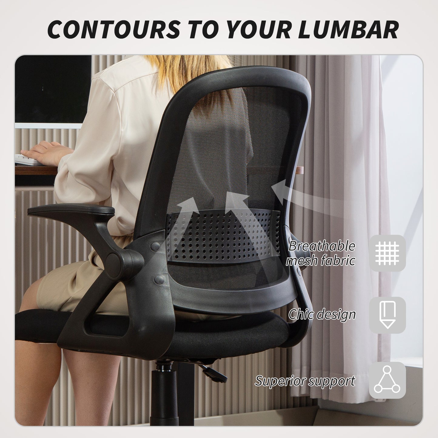 Breathable Mesh Office Chair, Ergonomic Swivel Computer Chair with Flip-up Armrests, Lumbar Back Support for Home/Office